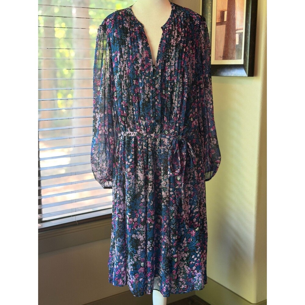 MSK Women's 22W Floral Pleated Midi Dress Blue Purple Chiffon Long Sleeve Tie